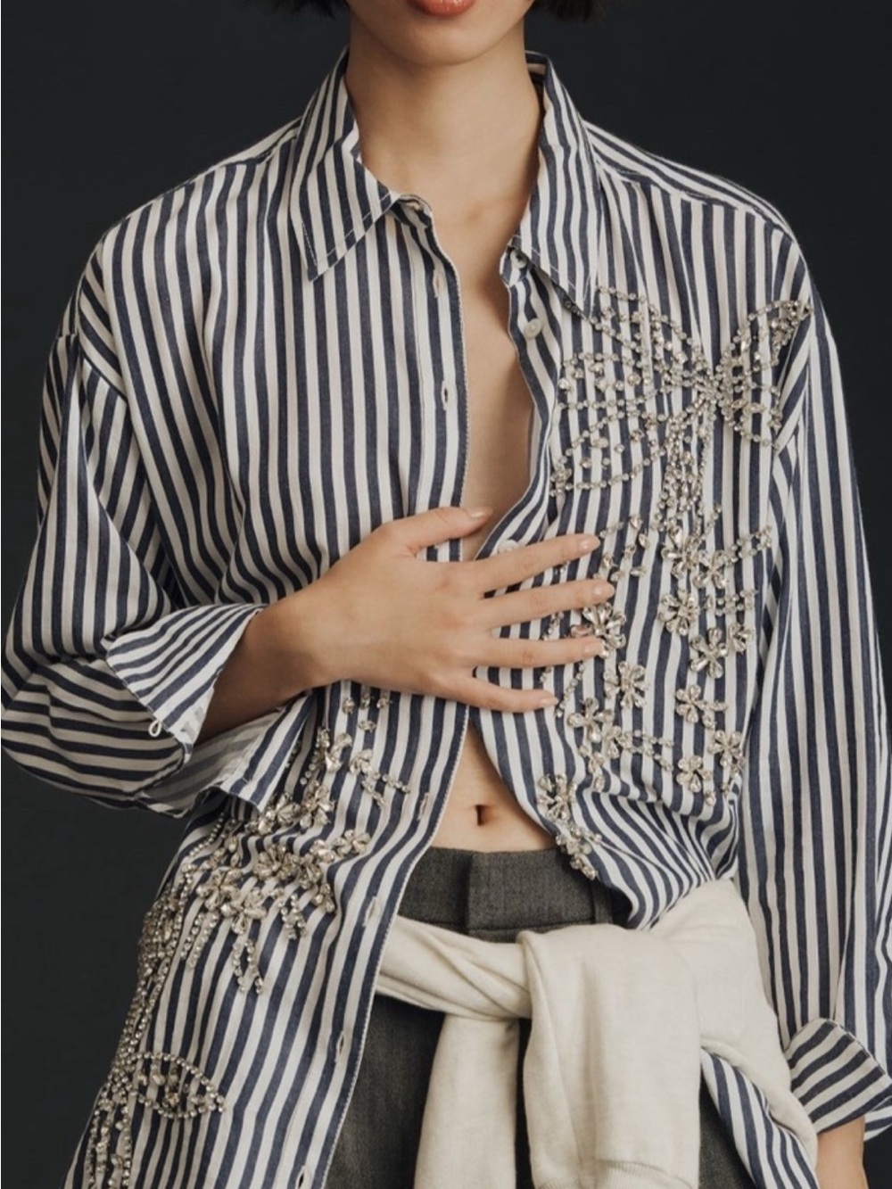 Anthropologie Navy and White  Bennet Striped Crystal-Embellish tutor-Up Blouse